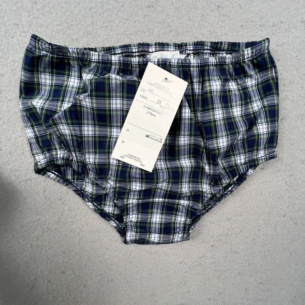 Ralph Lauren Plaid Dress Set Kids 18M Navy Green Ruffle Peter Pan Collar Preppy